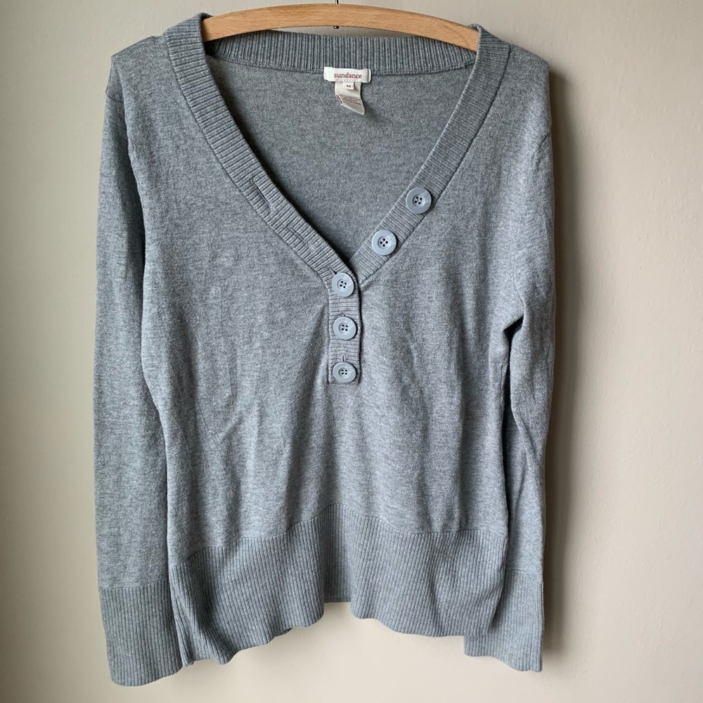 Sundance Gray V neck henley button sweater cotton and rabbit hair